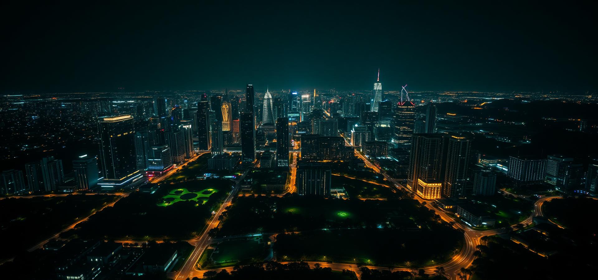 Night aerial view of an illuminated city skyline surrounded by large urban parks