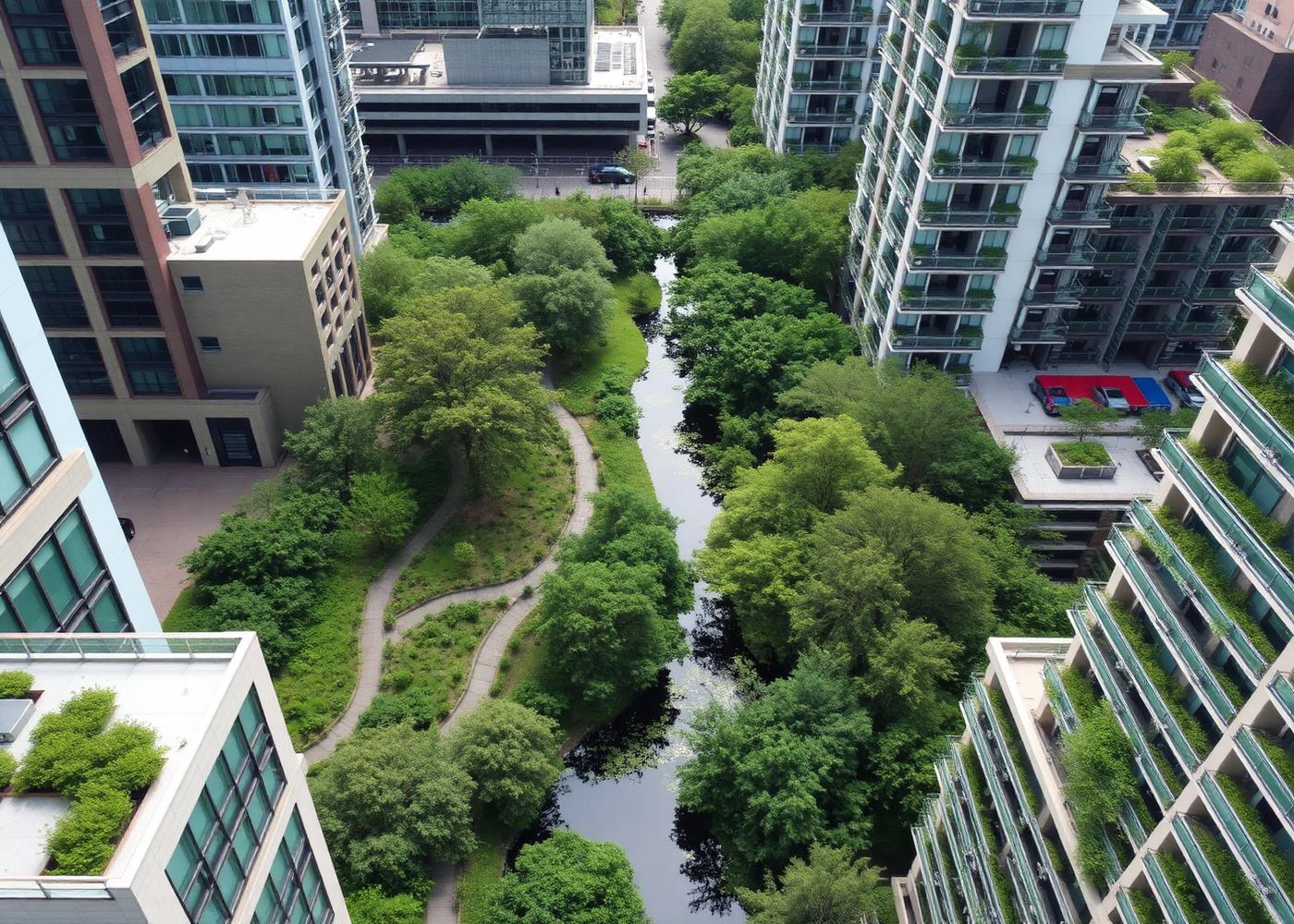 Aerial view of green infrastructure between modern city buildings, with an urban wetland, planted corridors and walking paths